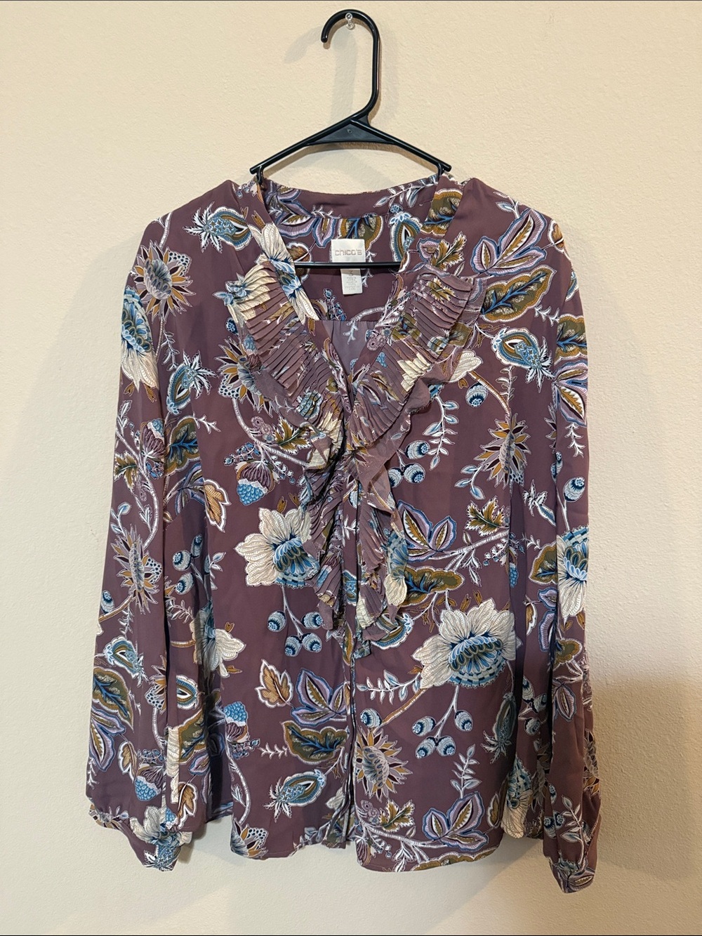 Chico's Mauve Floral Pleated-Ruffle Blouse